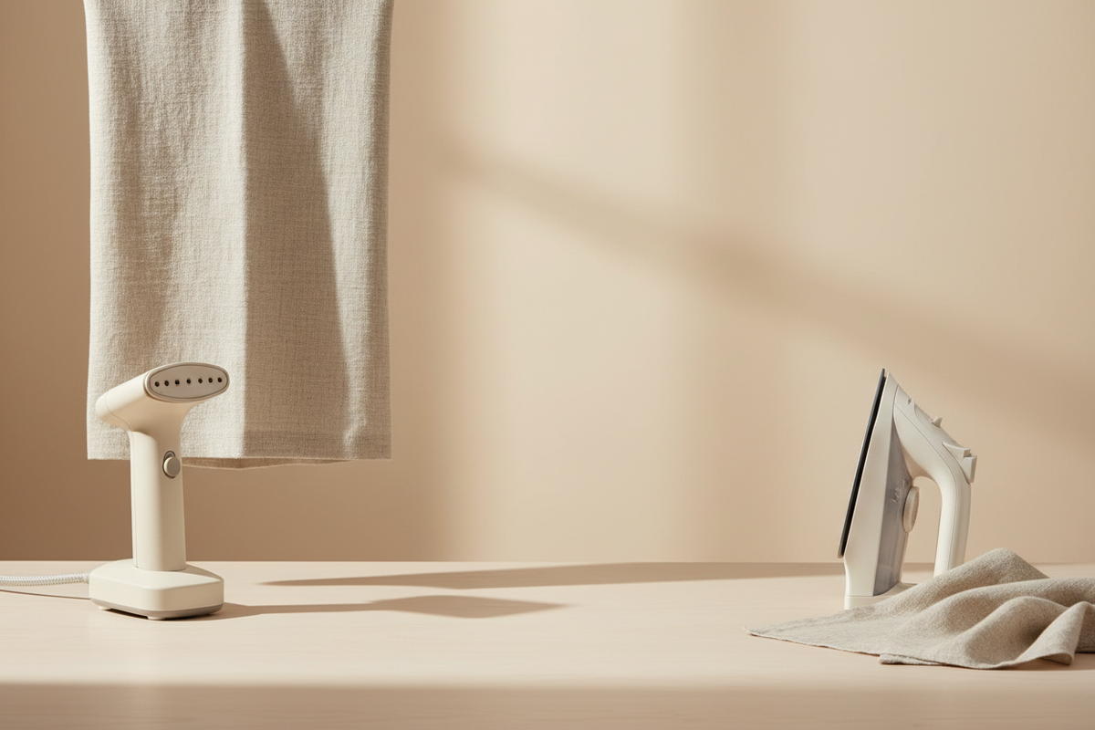 Minimal linen care still life comparing a garment steamer and iron