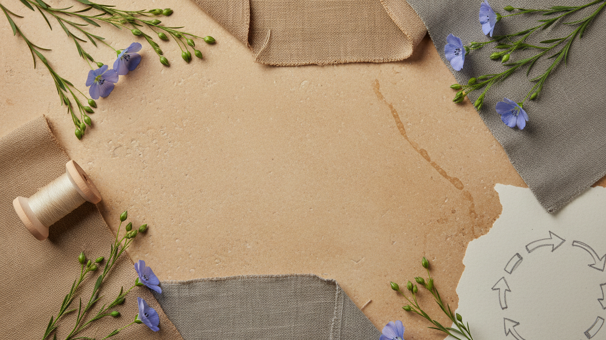 Flax flowers, natural linen swatches, thread, a mended seam, and a blank circular lifecycle sketch