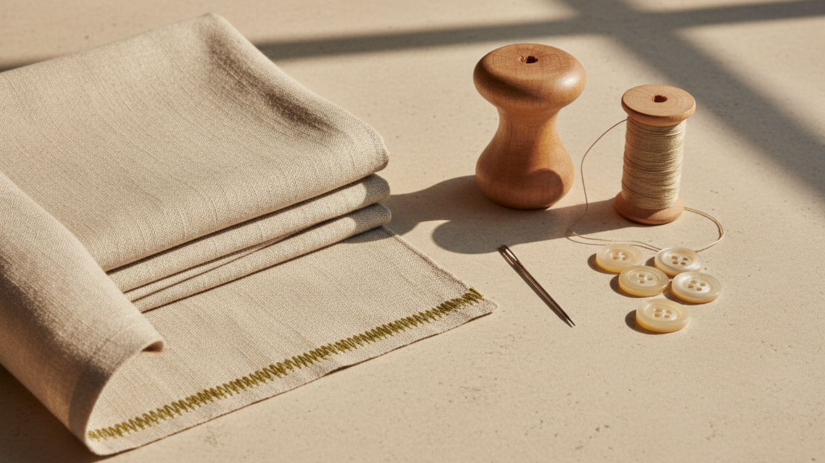 Folded natural linen with mending tools for clothing longevity