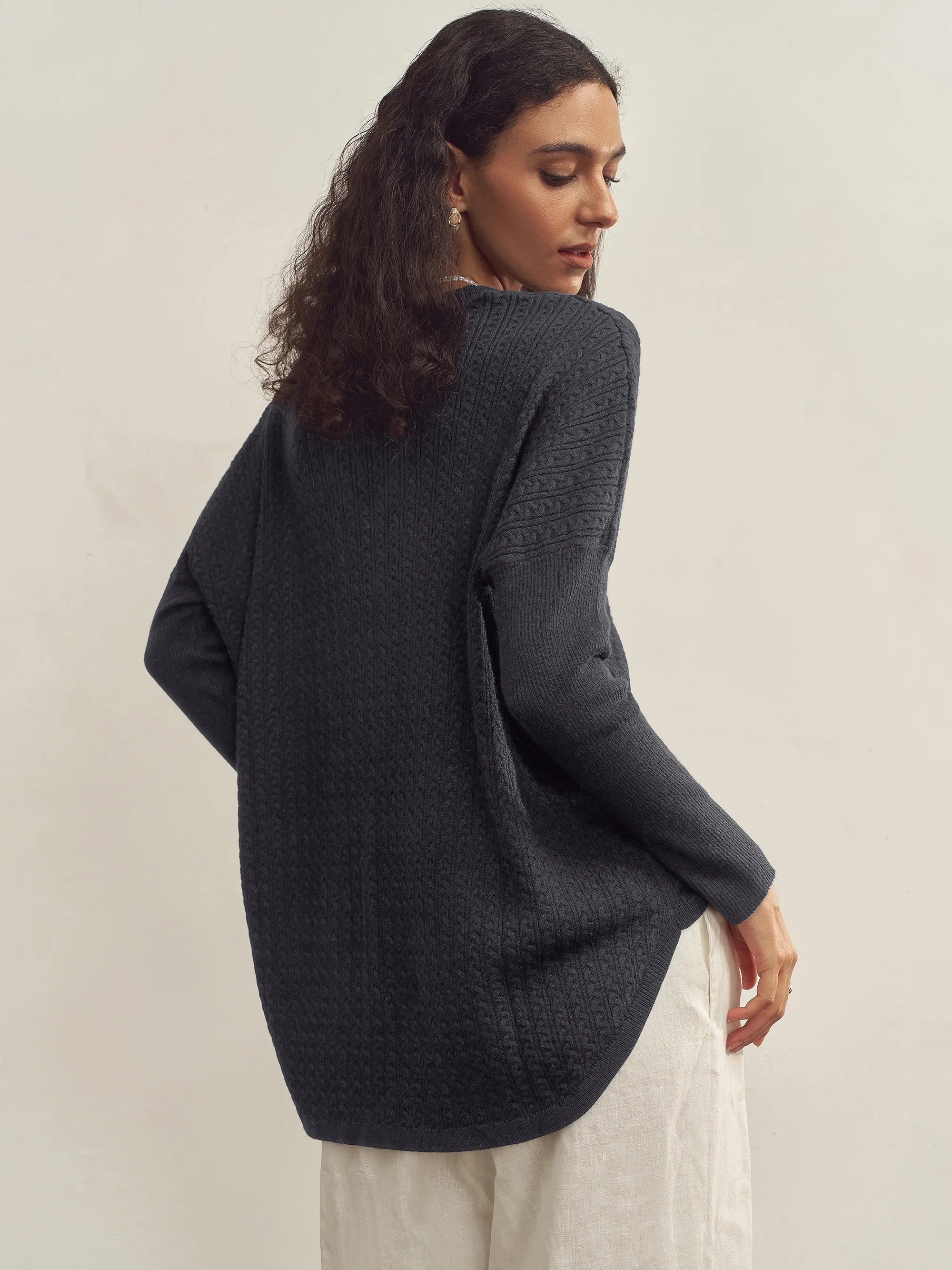 Cashmere V-Neck Textured Oversized Sweater With Asymmetrical Structural Design