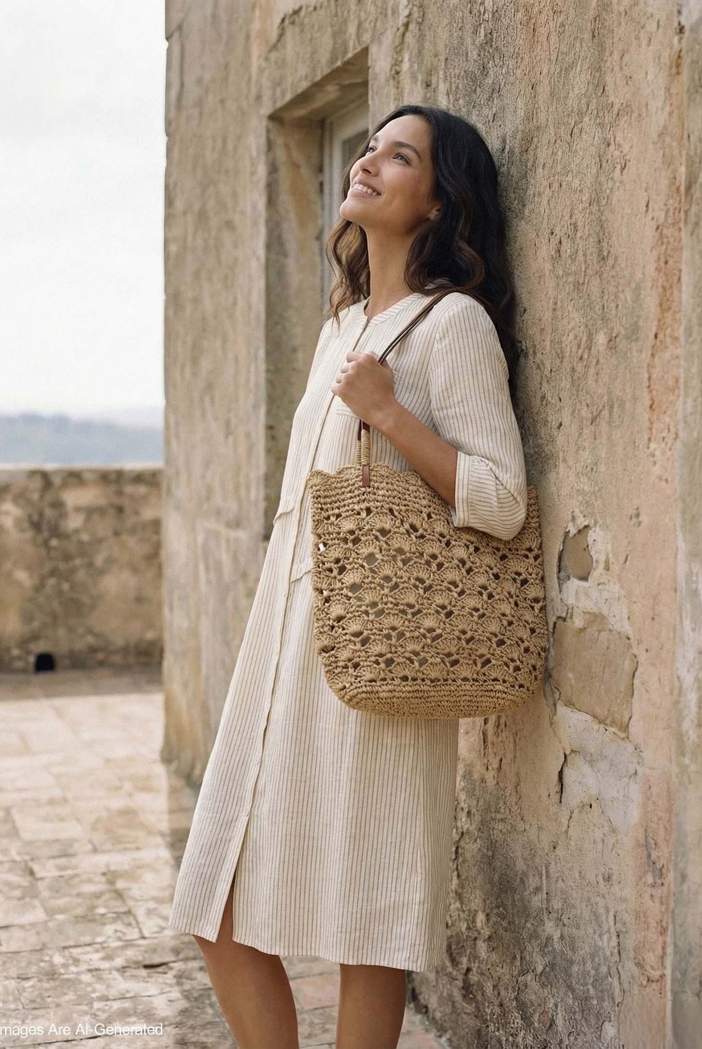 Crochet Woven Fan-Shape Shoulder Tote Bag by LINTICO for women