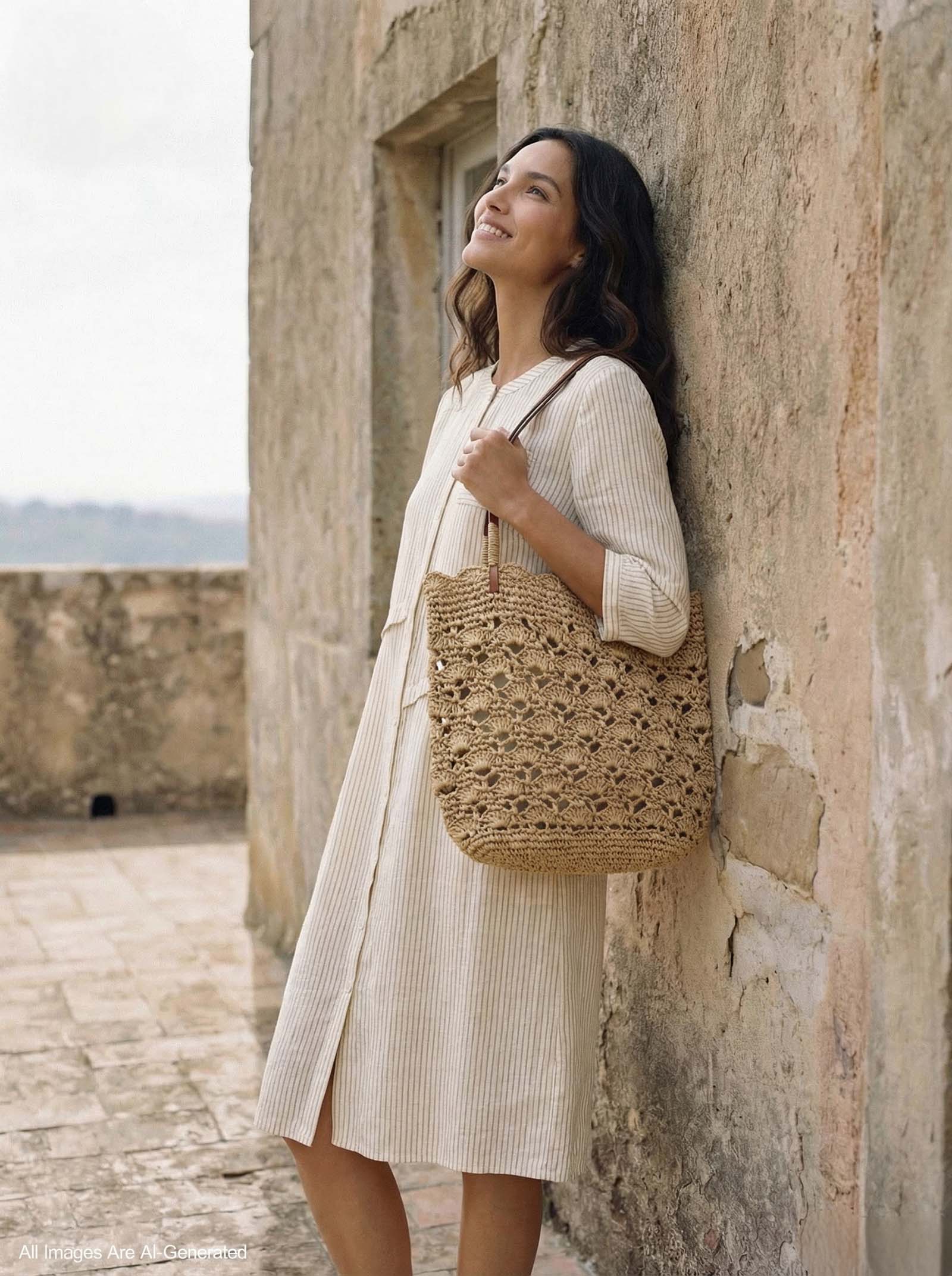 Crochet Woven Fan-Shape Shoulder Tote Bag by LINTICO for women