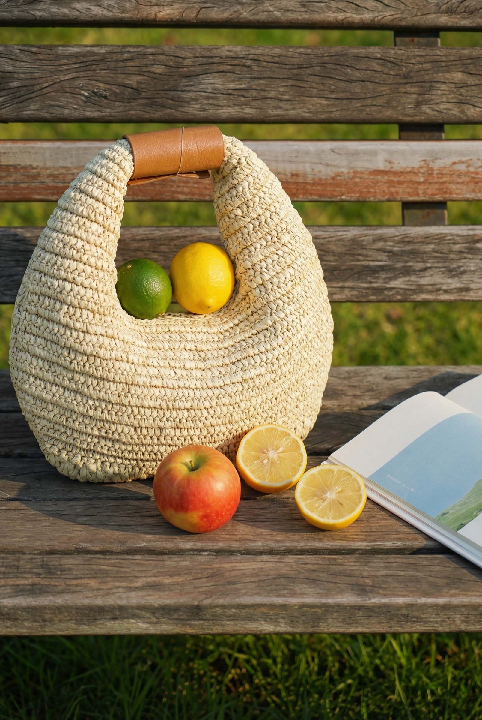 Round Crochet Woven Handheld Straw Bag by LINTICO for women