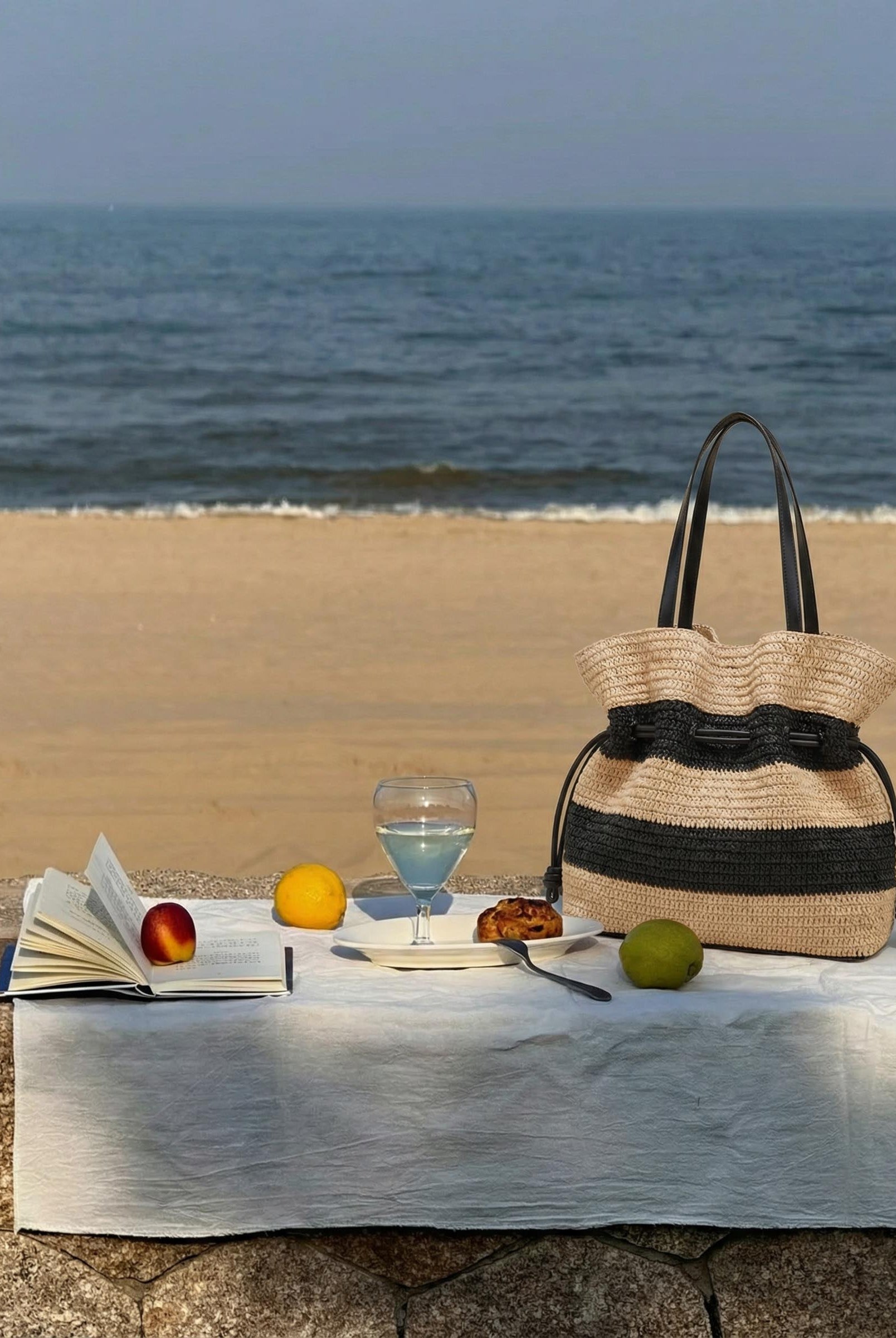 Crochet Woven Drawstring Shoulder Tote Bag by LINTICO for women