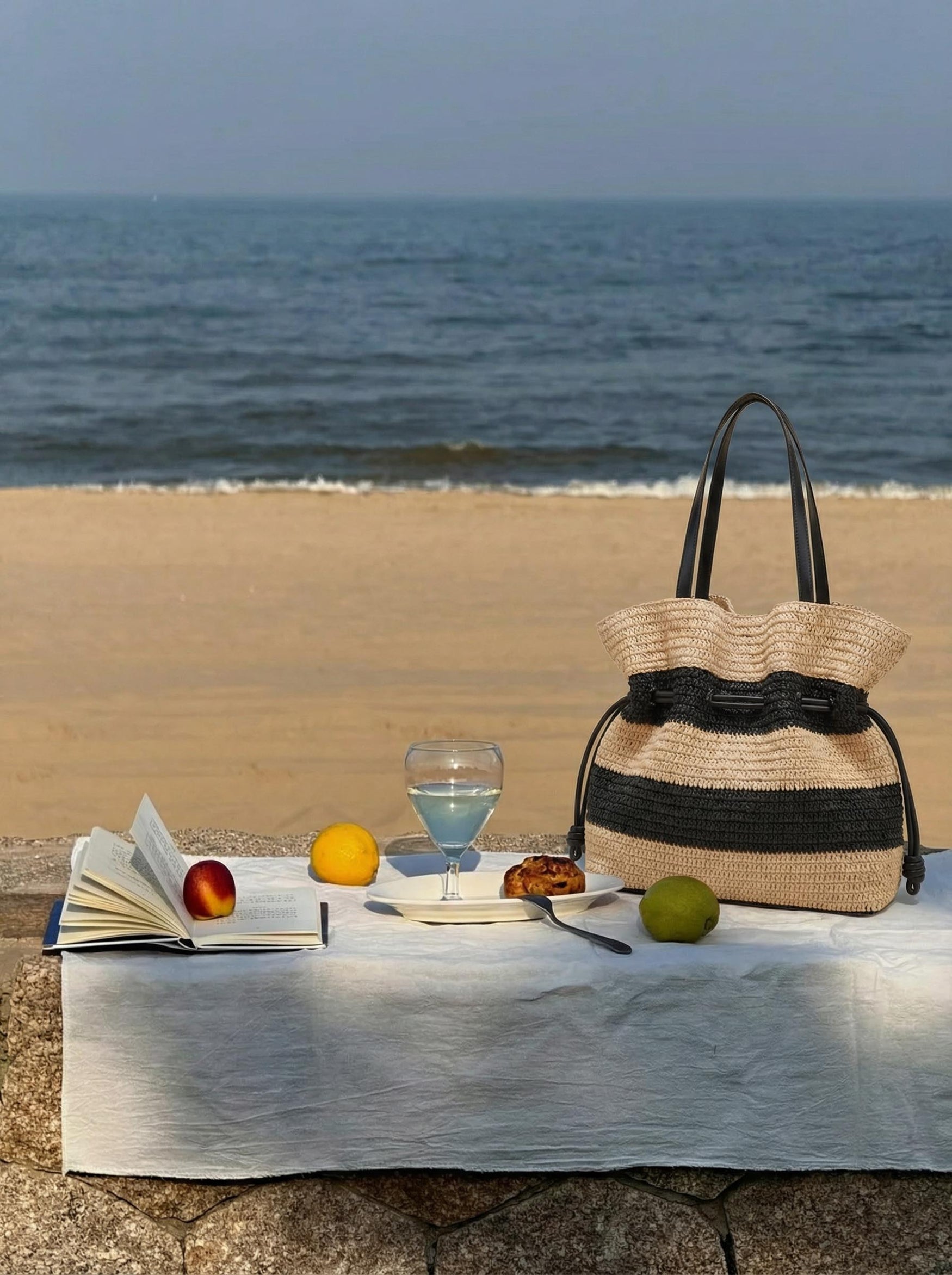 Crochet Woven Drawstring Shoulder Tote Bag by LINTICO for women