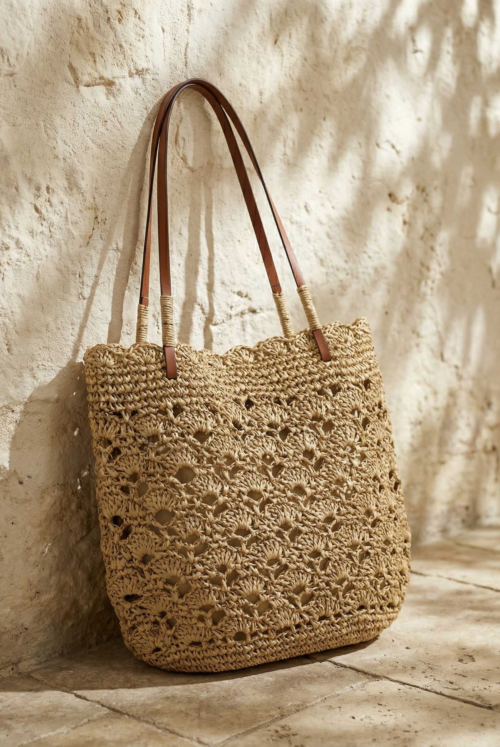 Crochet Woven Fan-Shape Shoulder Tote Bag by LINTICO for women