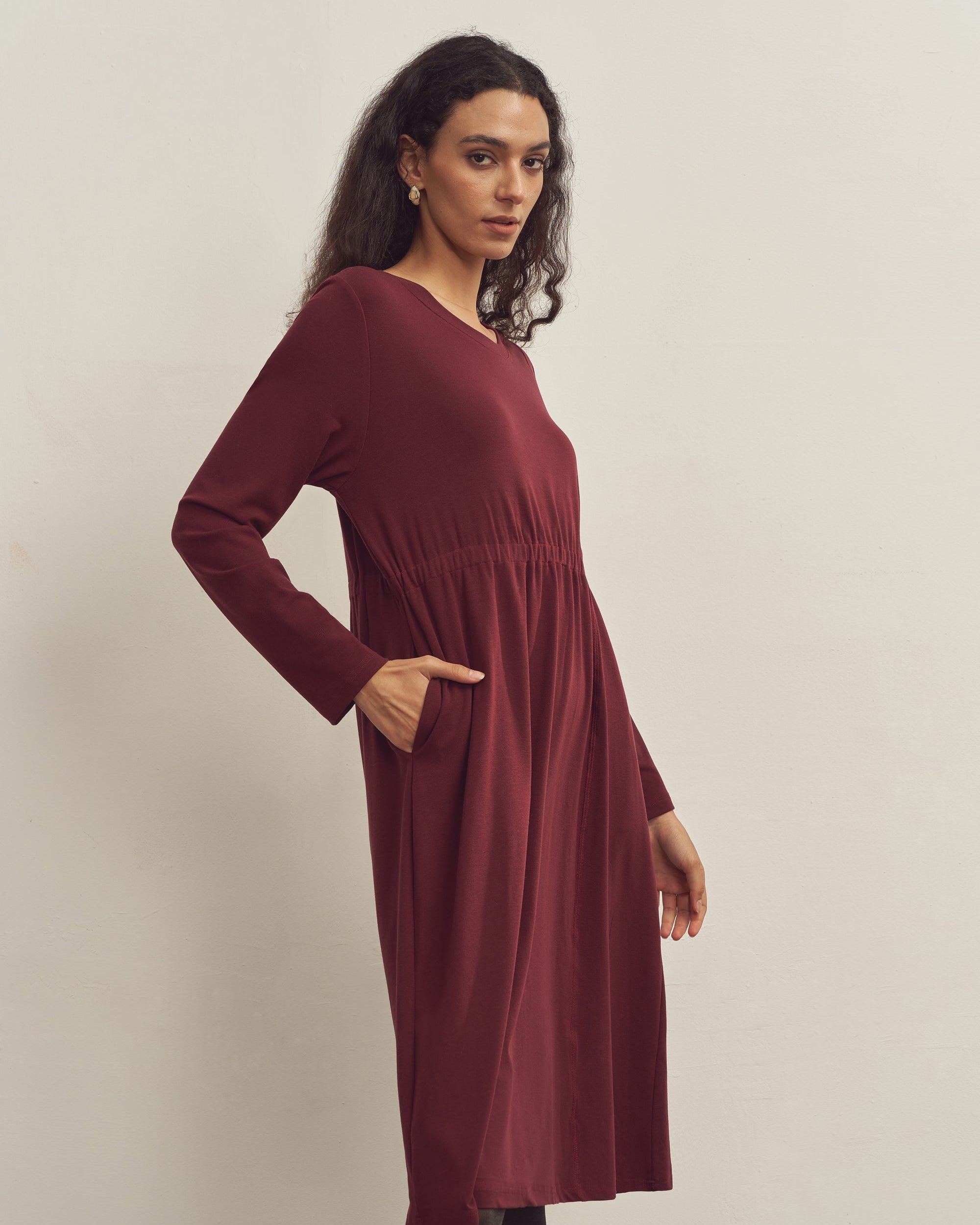 Merino Wool Waist Shirring-Detail Dress