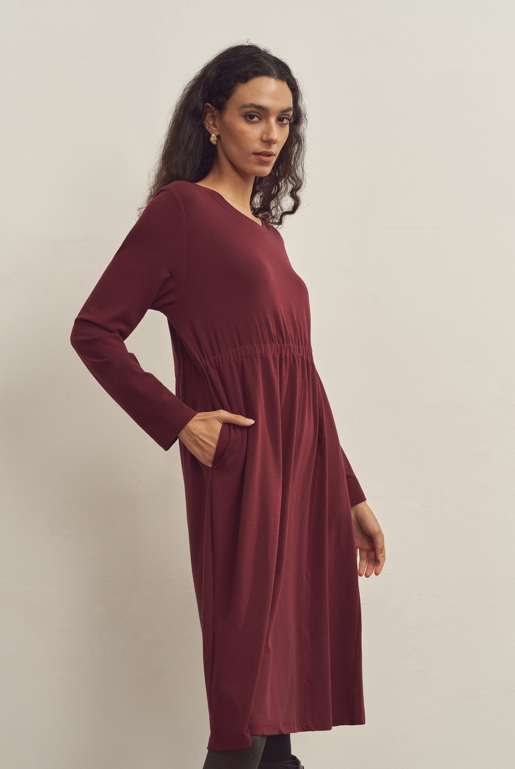 Merino Wool Waist Shirring-Detail Dress