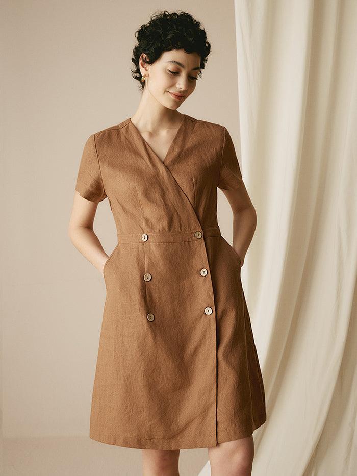 100% Linen V-Neck Double-Breasted Mini Dress COCOA - DRESSES-Linen