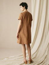 100% Linen V-Neck Double-Breasted Mini Dress COCOA - DRESSES-Linen