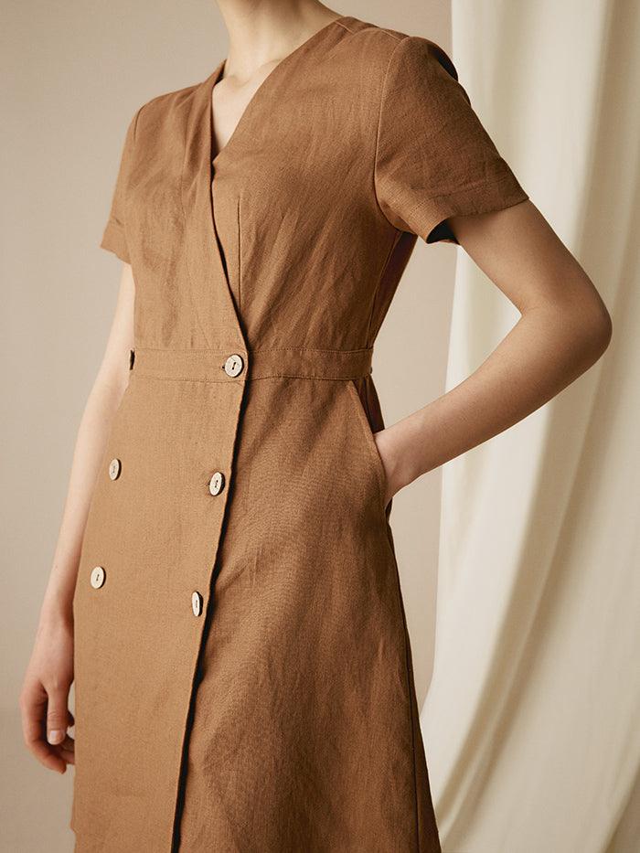 100% Linen V-Neck Double-Breasted Mini Dress COCOA - DRESSES-Linen