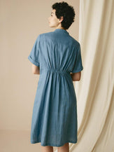 100% Linen V-Neck Elastic Waistband Dress - DRESSES-Linen Midi
