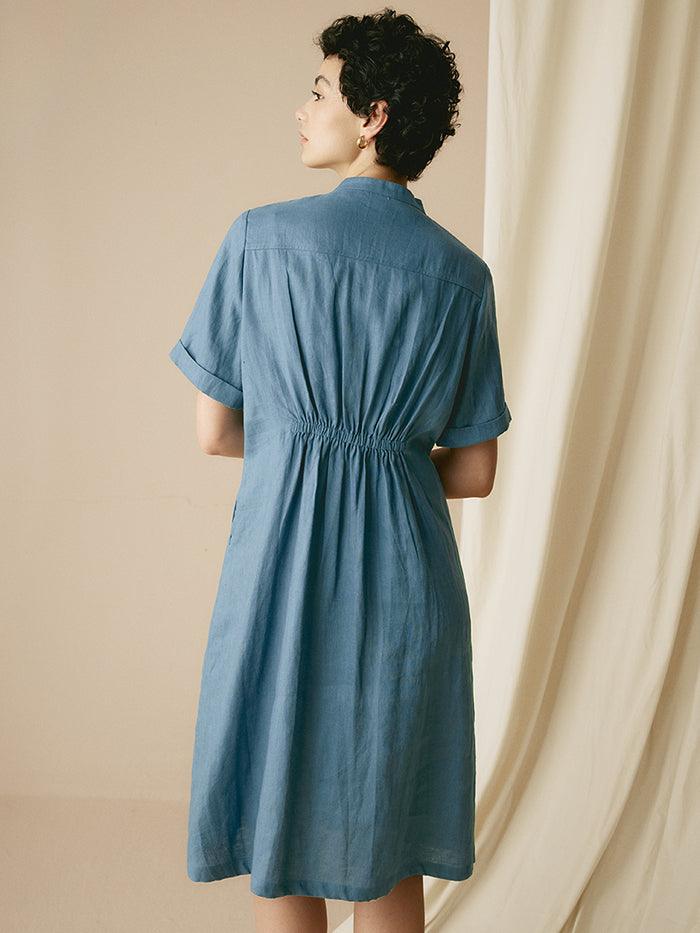 100% Linen V-Neck Elastic Waistband Dress - DRESSES-Linen Midi
