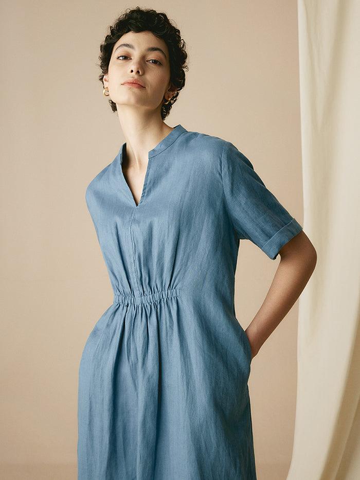 100% Linen V-Neck Elastic Waistband Dress - DRESSES-Linen Midi