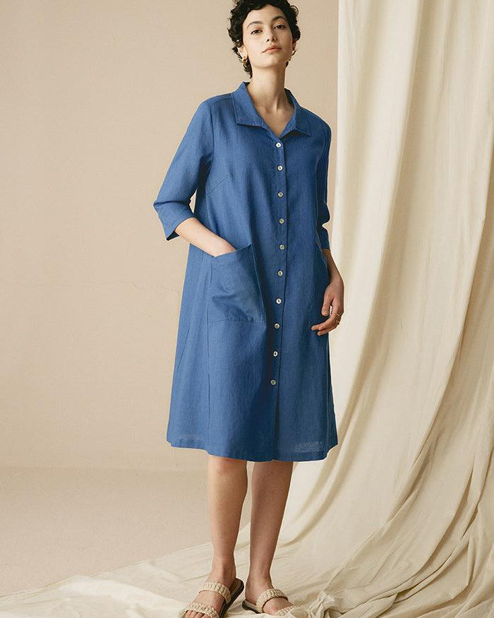 MADISON 100% Linen Striped Shirt Dress - Sea Blue / S - DRESSES-Linen Midi