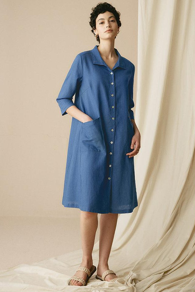 MADISON 100% Linen Striped Shirt Dress - Sea Blue / S - DRESSES-Linen Midi