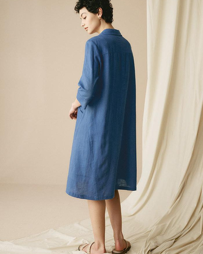 MADISON 100% Linen Striped Shirt Dress - DRESSES-Linen Midi