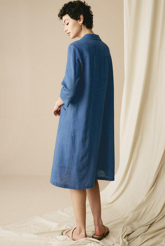 MADISON 100% Linen Striped Shirt Dress - DRESSES-Linen Midi