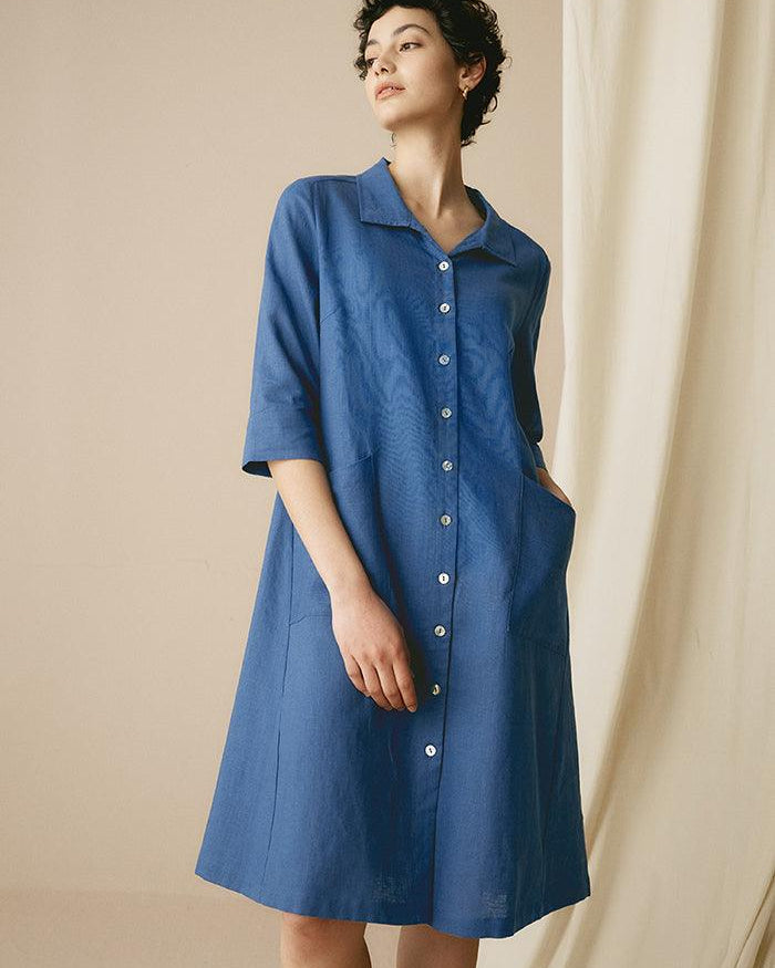 MADISON 100% Linen Striped Shirt Dress - DRESSES-Linen Midi