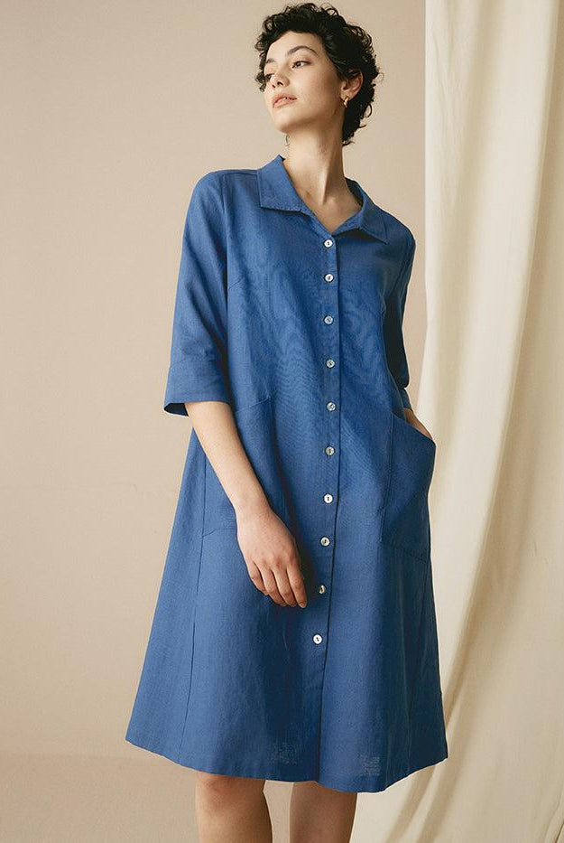 MADISON 100% Linen Striped Shirt Dress - DRESSES-Linen Midi
