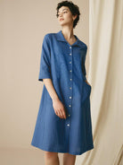 MADISON 100% Linen Striped Shirt Dress - DRESSES-Linen Midi