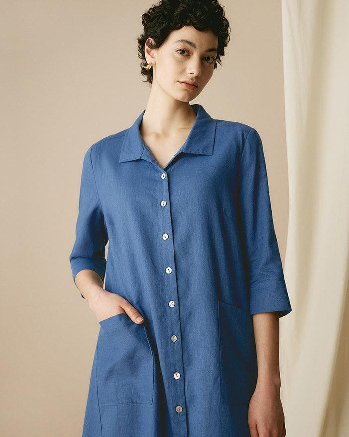 MADISON 100% Linen Striped Shirt Dress - DRESSES-Linen Midi
