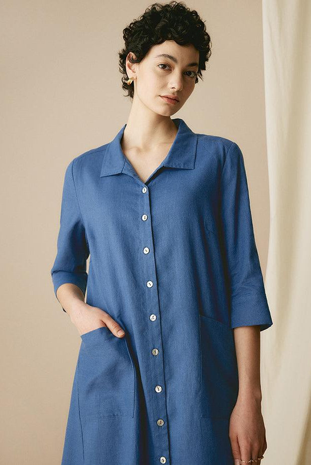 MADISON 100% Linen Striped Shirt Dress - DRESSES-Linen Midi