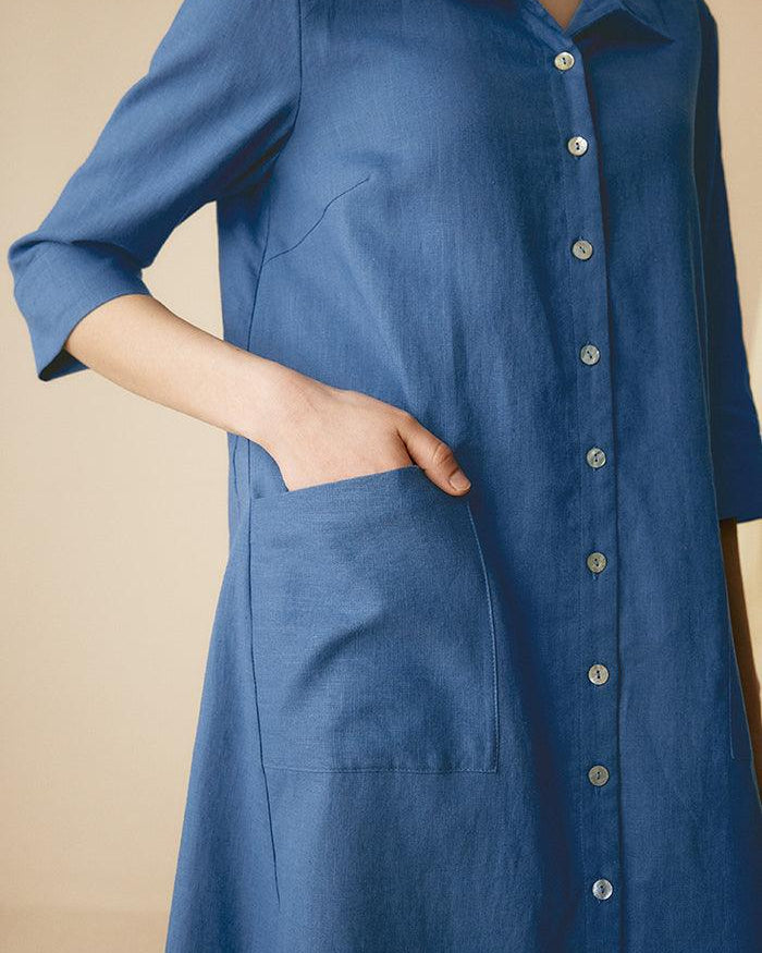 MADISON 100% Linen Striped Shirt Dress - DRESSES-Linen Midi