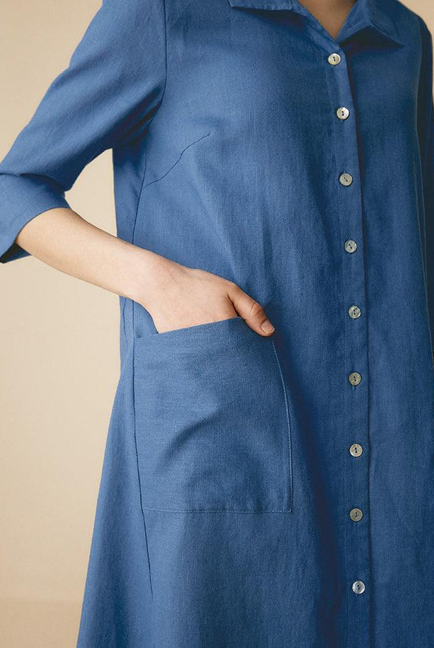 MADISON 100% Linen Striped Shirt Dress - DRESSES-Linen Midi