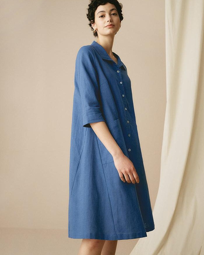 MADISON 100% Linen Striped Shirt Dress - DRESSES-Linen Midi