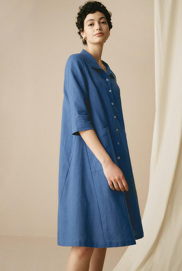 MADISON 100% Linen Striped Shirt Dress - DRESSES-Linen Midi