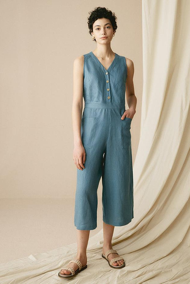 100% Linen V-Neck Jumpsuit - Steel Blue / S - sets & jumpsuits