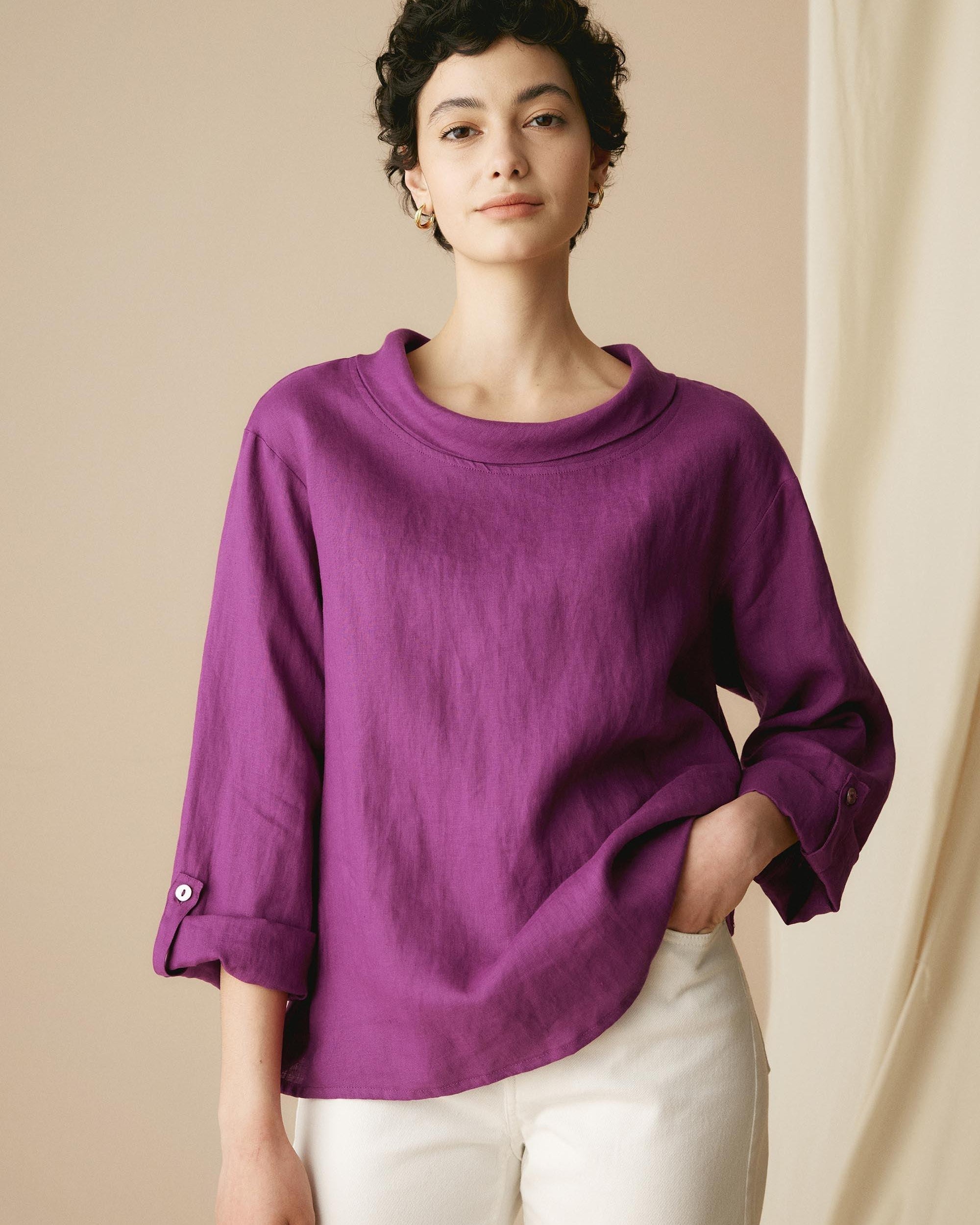 100% Linen Draped Neck Top HOLLIS - TOPS-Linen Blouses