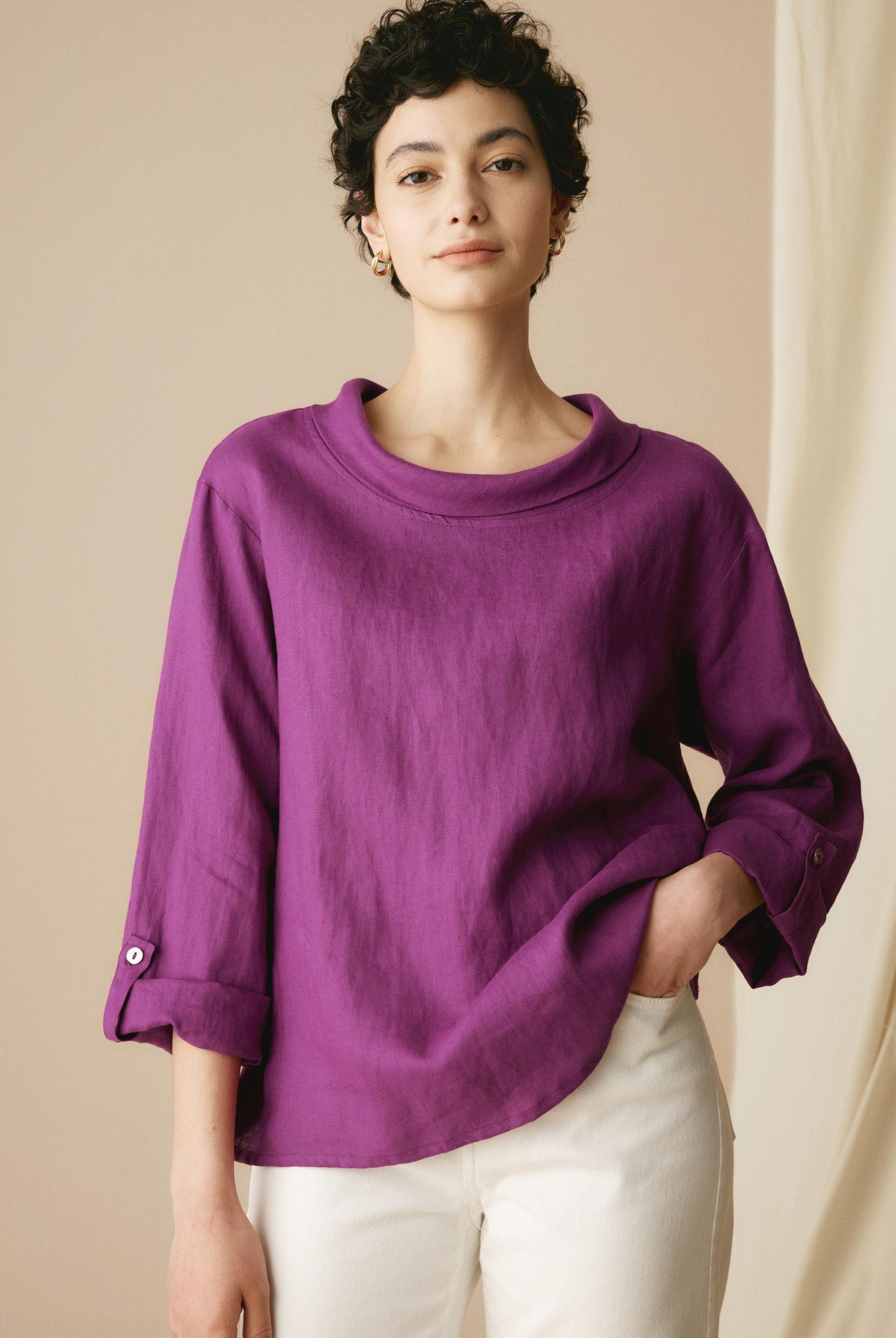 100% Linen Draped Neck Top HOLLIS - TOPS-Linen Blouses