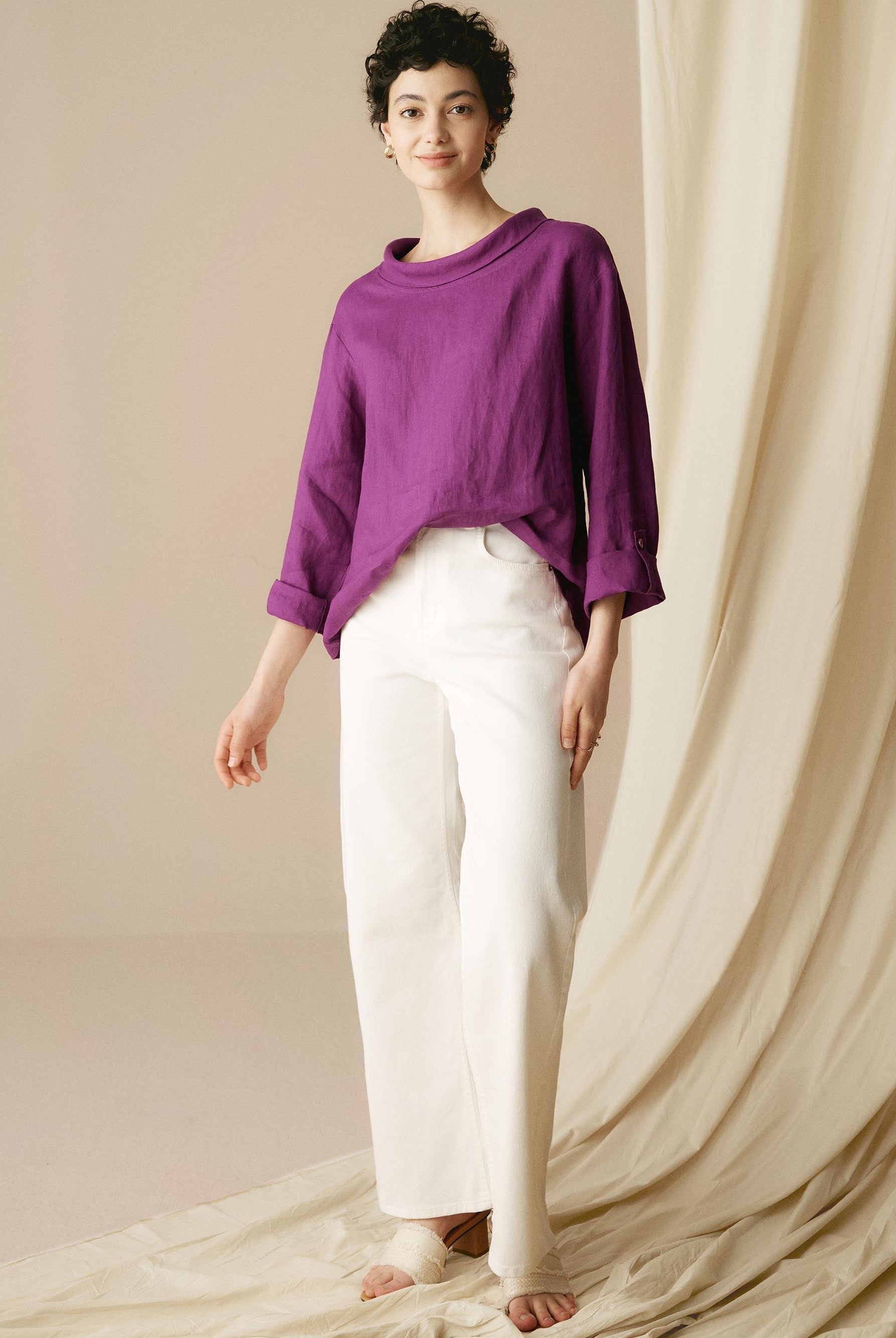 100% Linen Draped Neck Top HOLLIS - TOPS-Linen Blouses