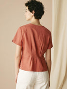 100% Linen Short-Sleeve Pleated Waist Shirt - TOPS-Linen Button Down Shirts