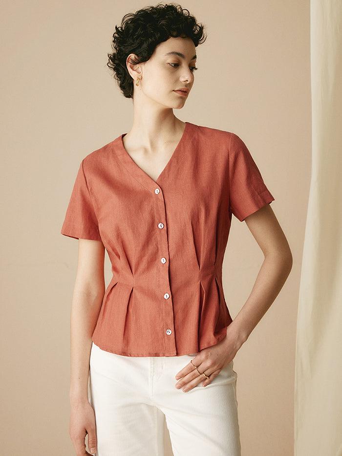 100% Linen Short-Sleeve Pleated Waist Shirt - Sun Orange / S - TOPS-Linen Button Down Shirts