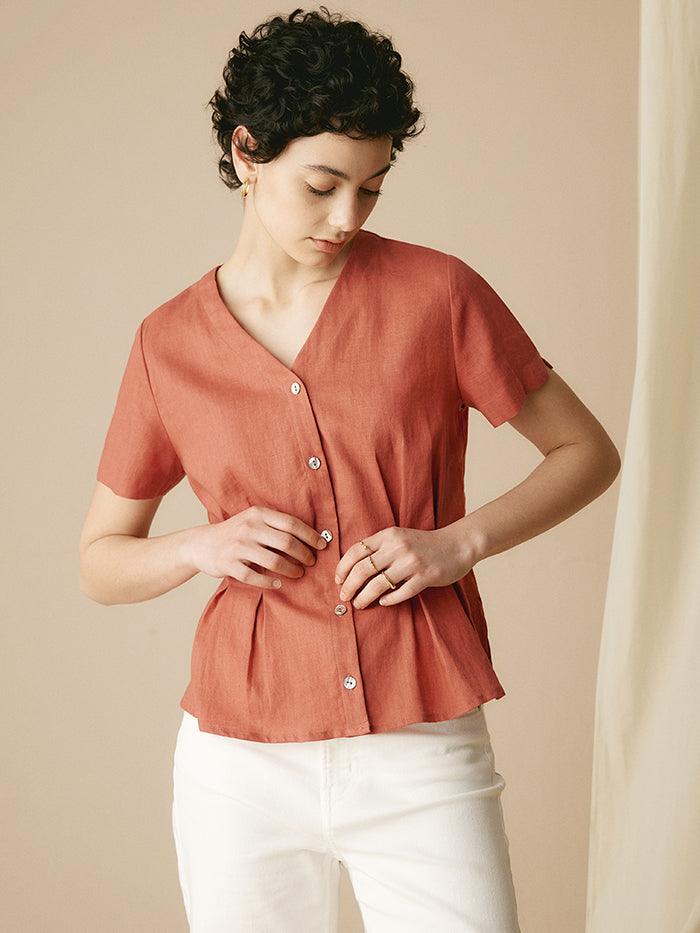 100% Linen Short-Sleeve Pleated Waist Shirt - TOPS-Linen Button Down Shirts