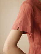100% Linen Short-Sleeve Pleated Waist Shirt - TOPS-Linen Button Down Shirts