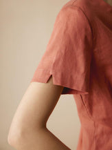 100% Linen Short-Sleeve Pleated Waist Shirt - TOPS-Linen Button Down Shirts