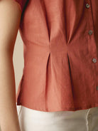100% Linen Short-Sleeve Pleated Waist Shirt - TOPS-Linen Button Down Shirts