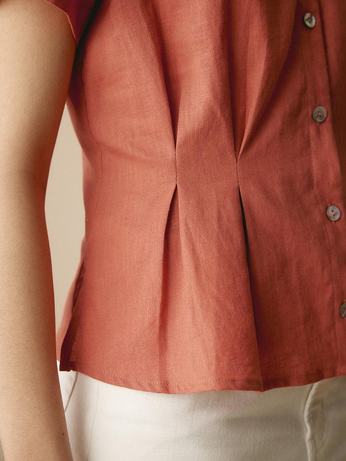 100% Linen Short-Sleeve Pleated Waist Shirt - TOPS-Linen Button Down Shirts