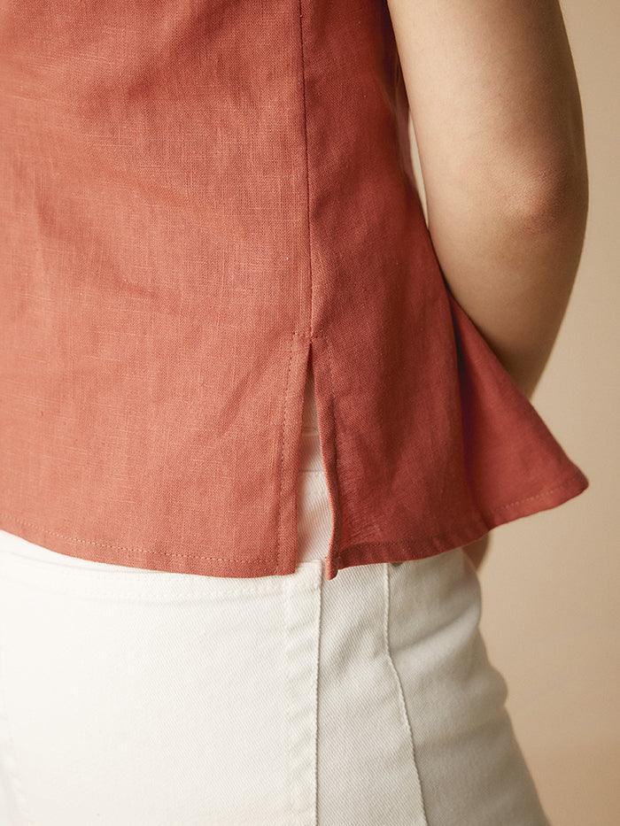 100% Linen Short-Sleeve Pleated Waist Shirt - TOPS-Linen Button Down Shirts
