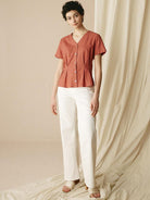 100% Linen Short-Sleeve Pleated Waist Shirt - TOPS-Linen Button Down Shirts