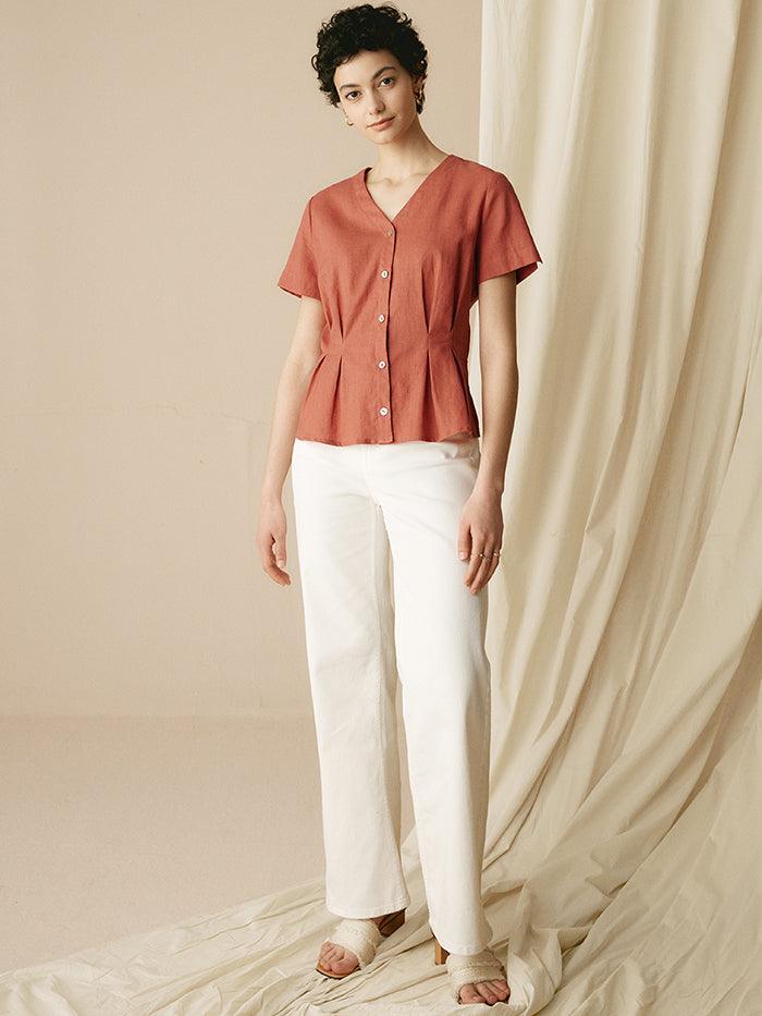 100% Linen Short-Sleeve Pleated Waist Shirt - TOPS-Linen Button Down Shirts