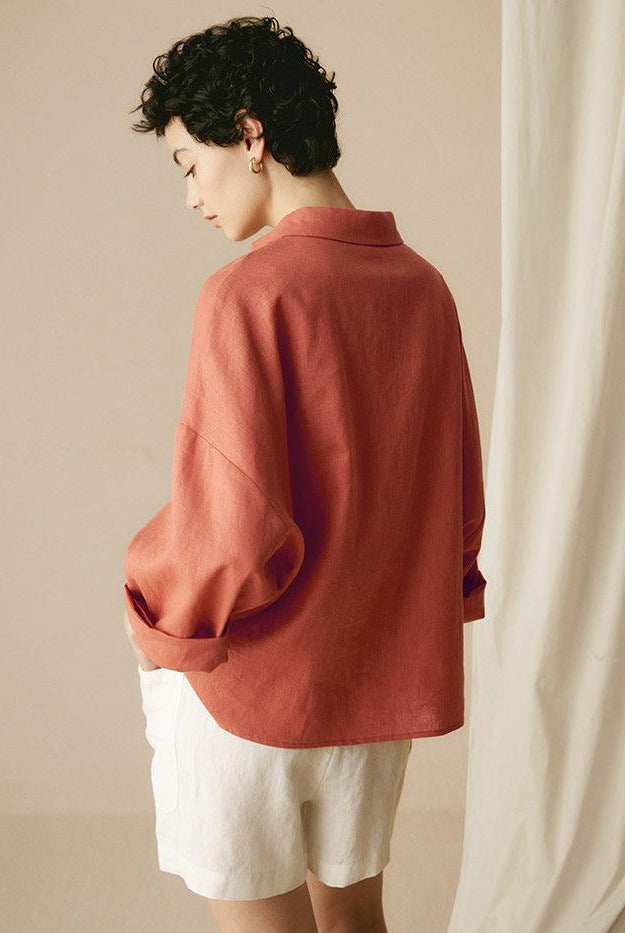 Linen Oversized Fit Pocket Shirt ELOWEN - TOPS-Linen Blouses