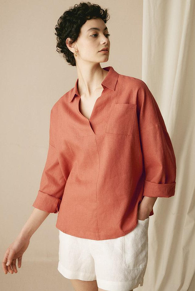 Linen Oversized Fit Pocket Shirt ELOWEN - TOPS-Linen Blouses