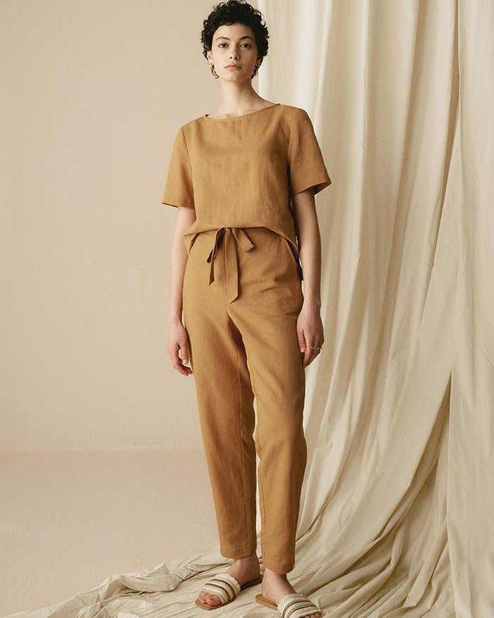 100% Linen Two-Piece Casual Tracksuit - Peanut / S - SETS-Linen Sets