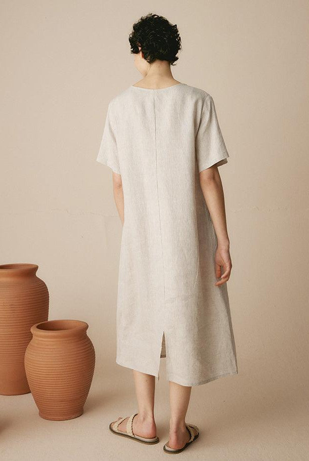 100% Linen Pocket Caftan Midi-Dress ESME - DRESSES-Linen Maxi