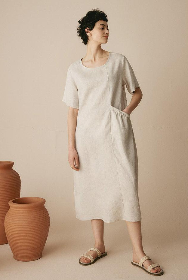 100% Linen Pocket Caftan Midi-Dress ESME - DRESSES-Linen Maxi